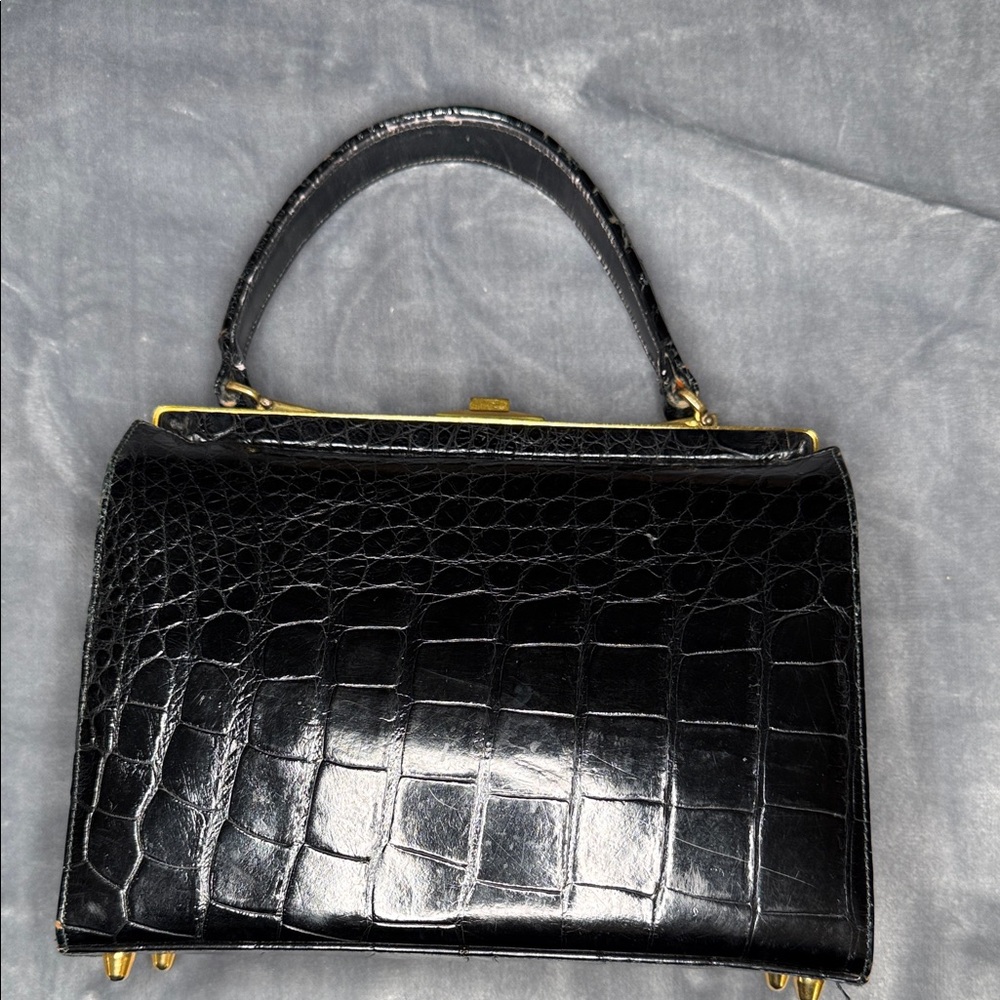 Structured Black Croc-Embossed Satchel with Gold Accents